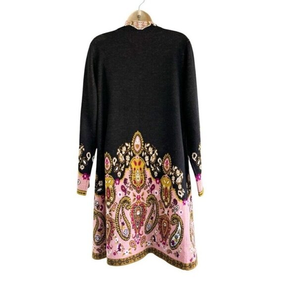 Max Sport Woman's Sz M Black Pink Gold Paisley Floral Long Duster Cardigan - Picture 3 of 11